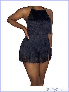 Fringe Halter Sleeveless Lace Up Backless Tiered Romper